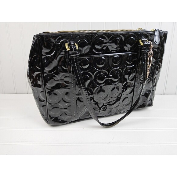 Coach Peyton Op Art Embossed Patent Carryall Double Zip F24607 Handbag Purse - Picture 3 of 13
